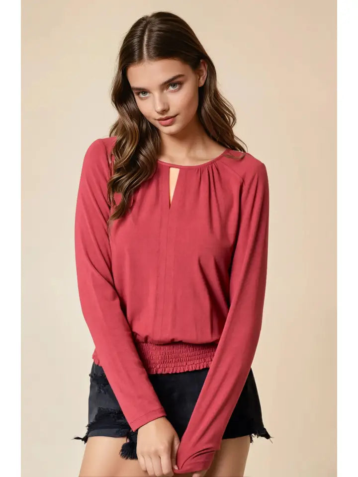 Carole Smocked Waist Long Sleeve Knit Blouse