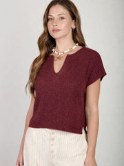 Alana Split Neck Cap Sleeve Ribbon Knit Pullover