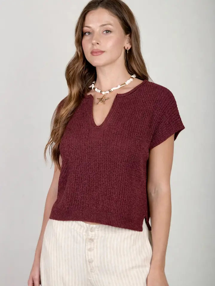 Alana Split Neck Cap Sleeve Ribbon Knit Pullover