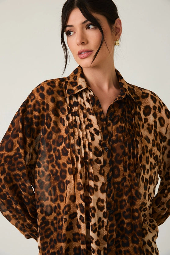 Chester Animal Print Pleated Detail Chiffon Blouse