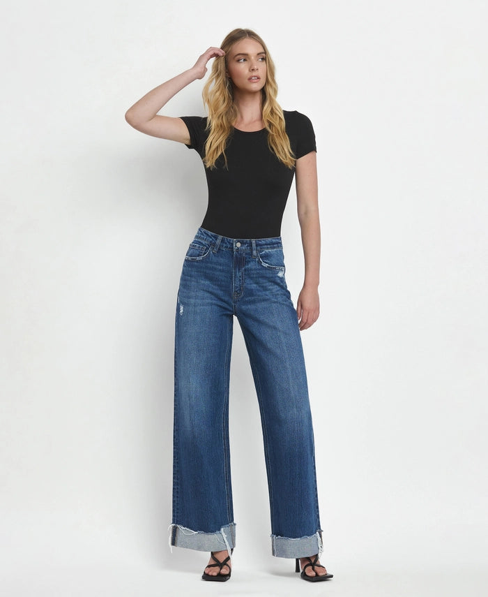 Steel Horse Super High Rise Baggy Wide Leg Jeans with Frayed Cuffs