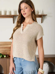 Alisha Split Neckline Short Sleeve Ribbon Knit Pullover Sweater