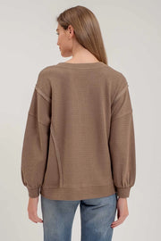 Truvy Split Neck Exposed Seam Long Sleeve Sweater Knit Top