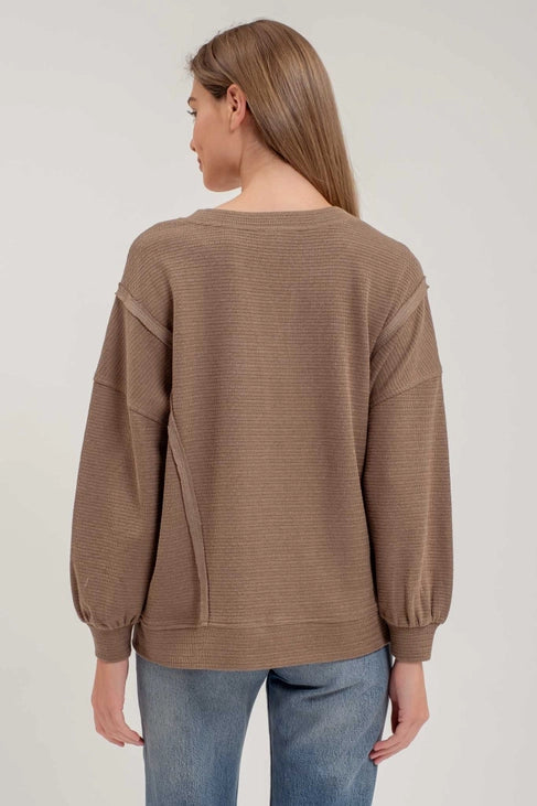 Truvy Split Neck Exposed Seam Long Sleeve Sweater Knit Top