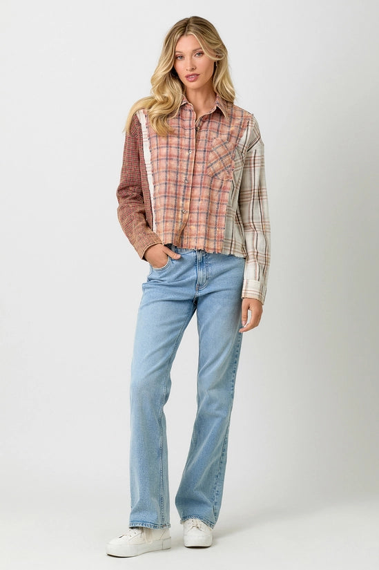 Calista Mixed Plaid Print Button Down Collared Shirt