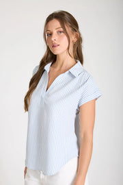 Penni Stripe Collared V-Neck Cuff Short Sleeve Top