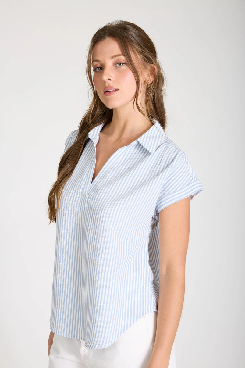 Penni Stripe Collared V-Neck Cuff Short Sleeve Top