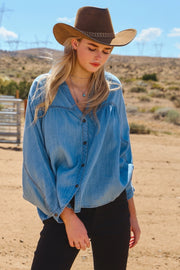 Nico Light Washed Chambray Denim V-Neckline Blouse