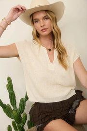 Alana Split Neck Cap Sleeve Ribbon Knit Pullover