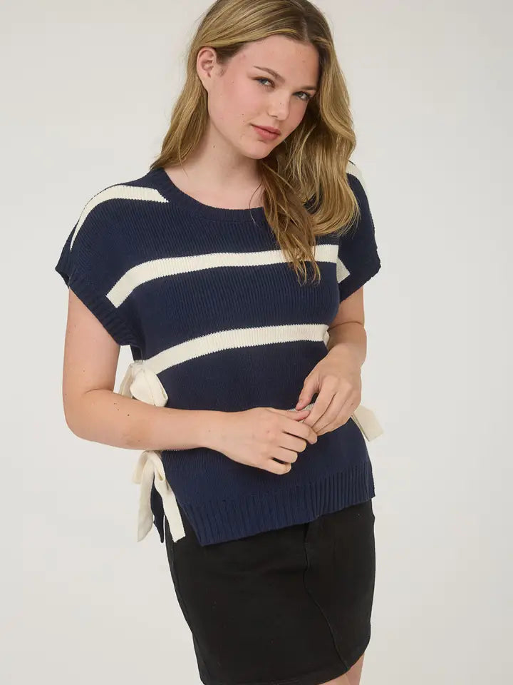 Camelot Side Tie Stripe Short Sleeve Sweater