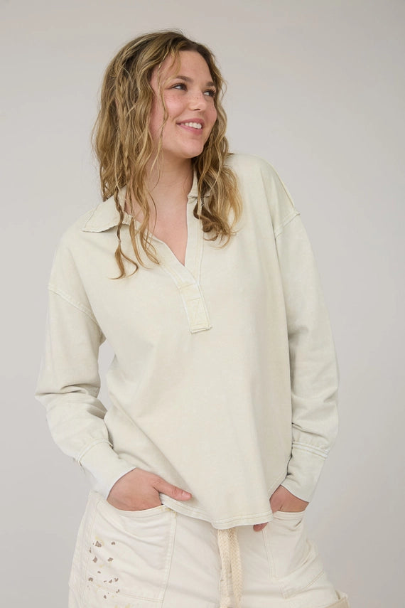 Cammie Collared Split Neck Long Sleeve Mineral Washed Top
