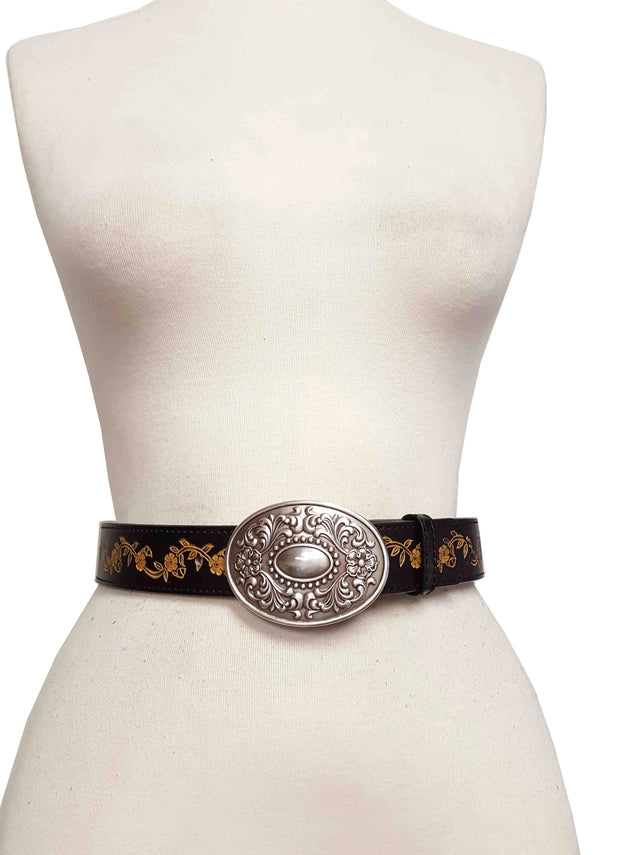 Floral Tooled Belt with Oval Western Buckle