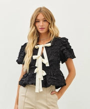 Belladonna Bubble Peplum Blouse with Contrast Bows