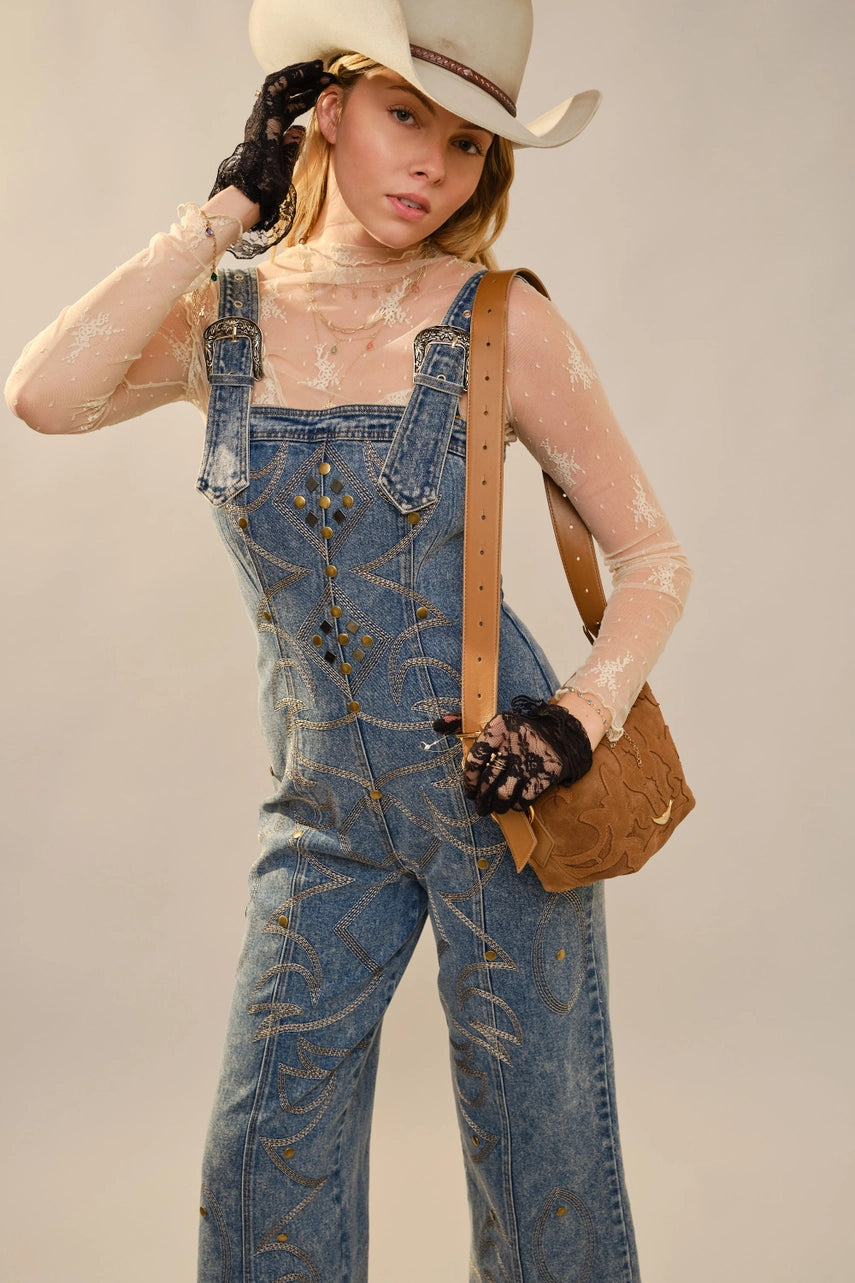 Hold Your Horses Western Embroidered & Studded Denim Overall Jumpsuit