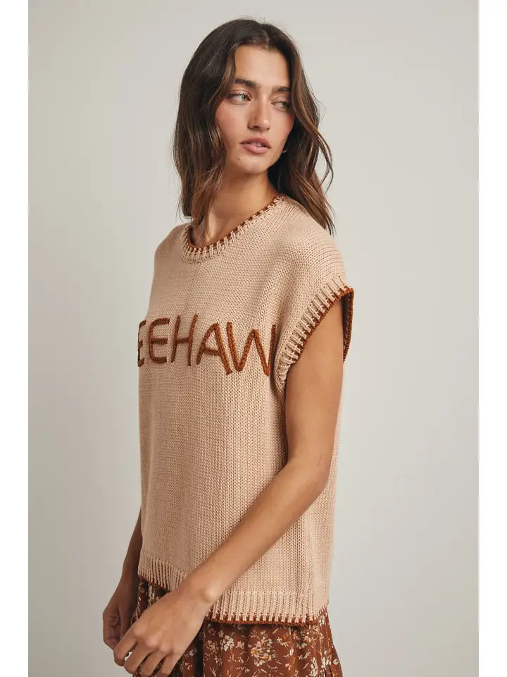 "YEEHAW" Cap Sleeve Wide Shoulder Sweater