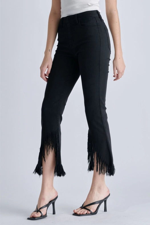 Sabbath High Rise Slanted Angle Cut Crop Flare Black Jeans with Fringe Hem