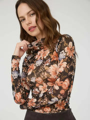 Delta II Floral Semi-Sheer Long Sleeve Mesh Top