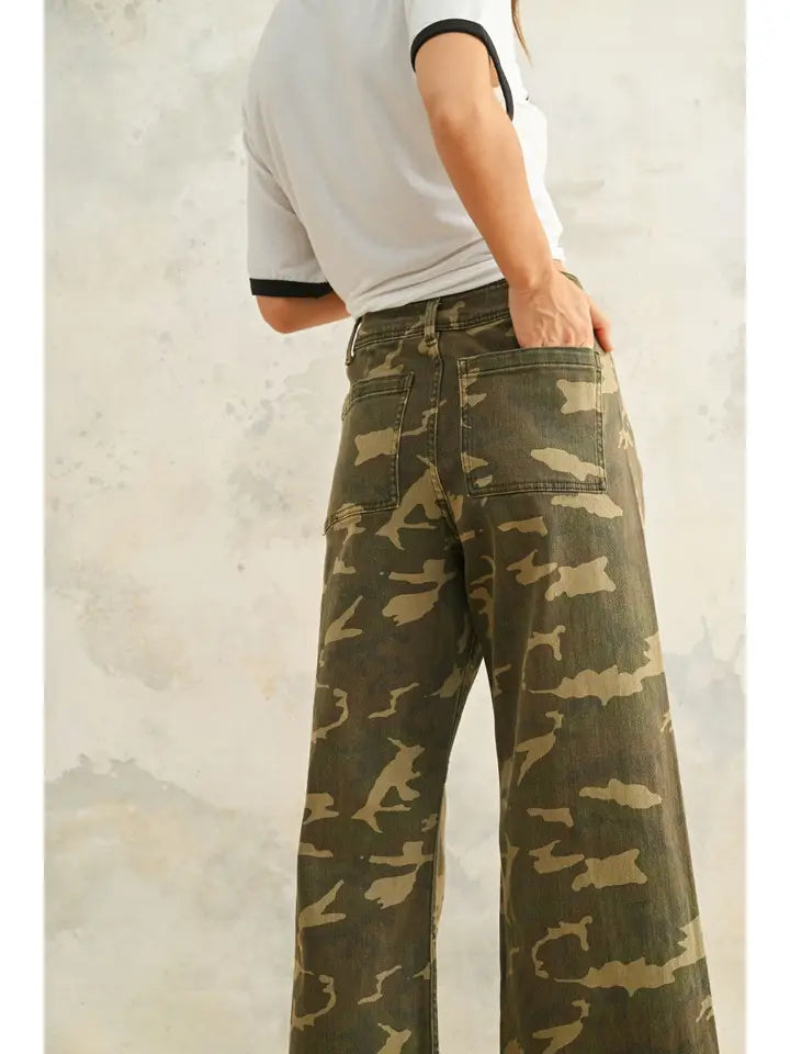 Military Wide Leg Olive Camo Pants