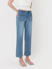 Unleaded Mid Rise Patch Pocket Cropped Slim Wide Leg Jeans