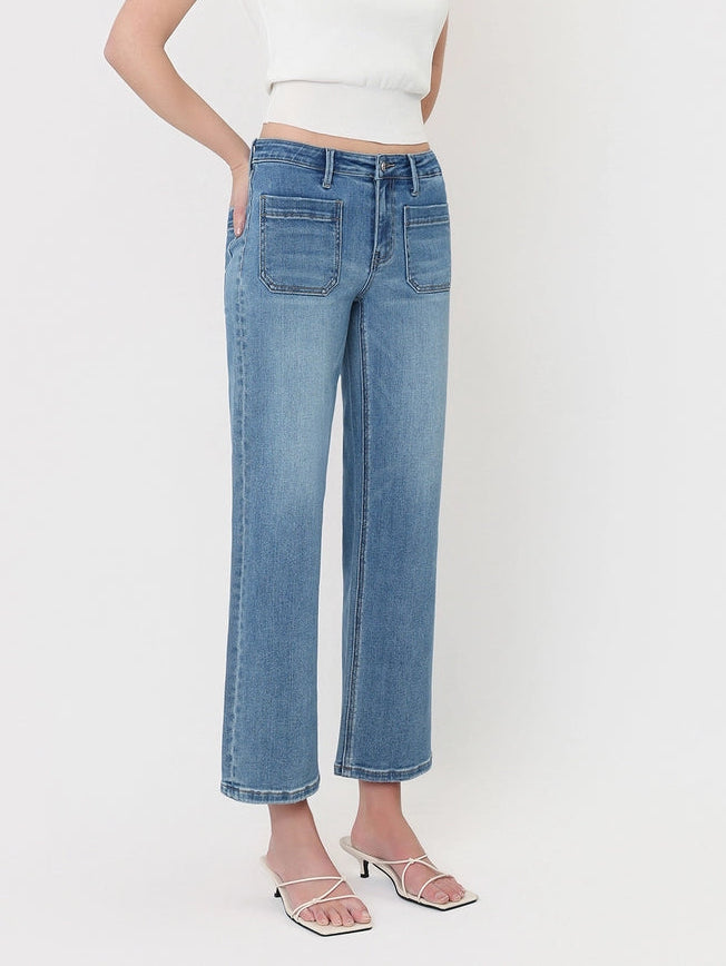 Unleaded Mid Rise Patch Pocket Cropped Slim Wide Leg Jeans