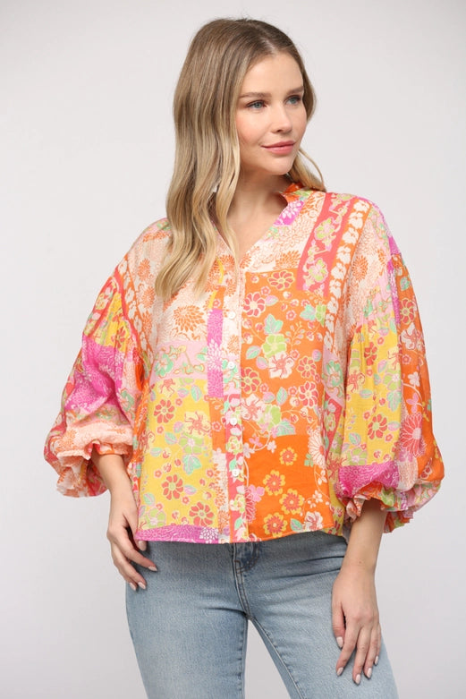 Aidyn Puff Sleeve Button Down Chiffon Blouse