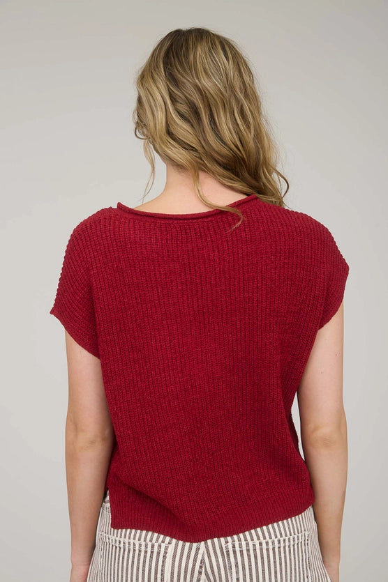 Alana Split Neck Cap Sleeve Ribbon Knit Pullover