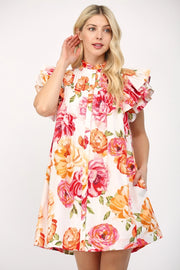 Grandiflora Roses Pintuck Ruffle Sleeve Mini Dress