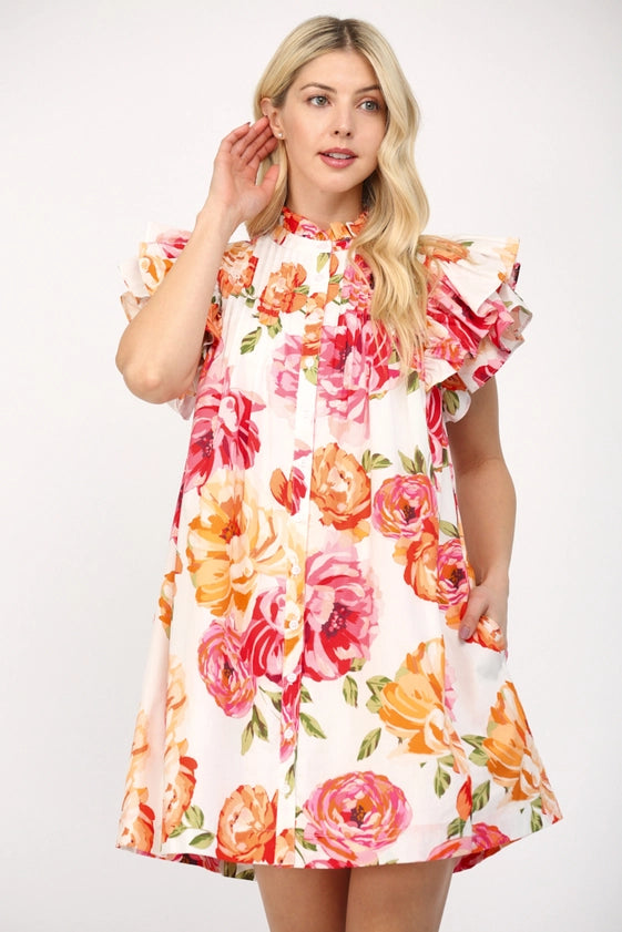 Grandiflora Roses Pintuck Ruffle Sleeve Mini Dress
