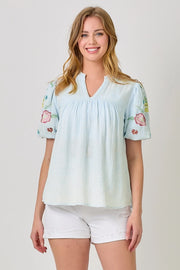 Maya Embroidered Puff Sleeve Washed Cotton Gauze Top