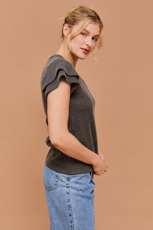 Basil Double Ruffle Sleeve Ribbed Knit V-Neck Top