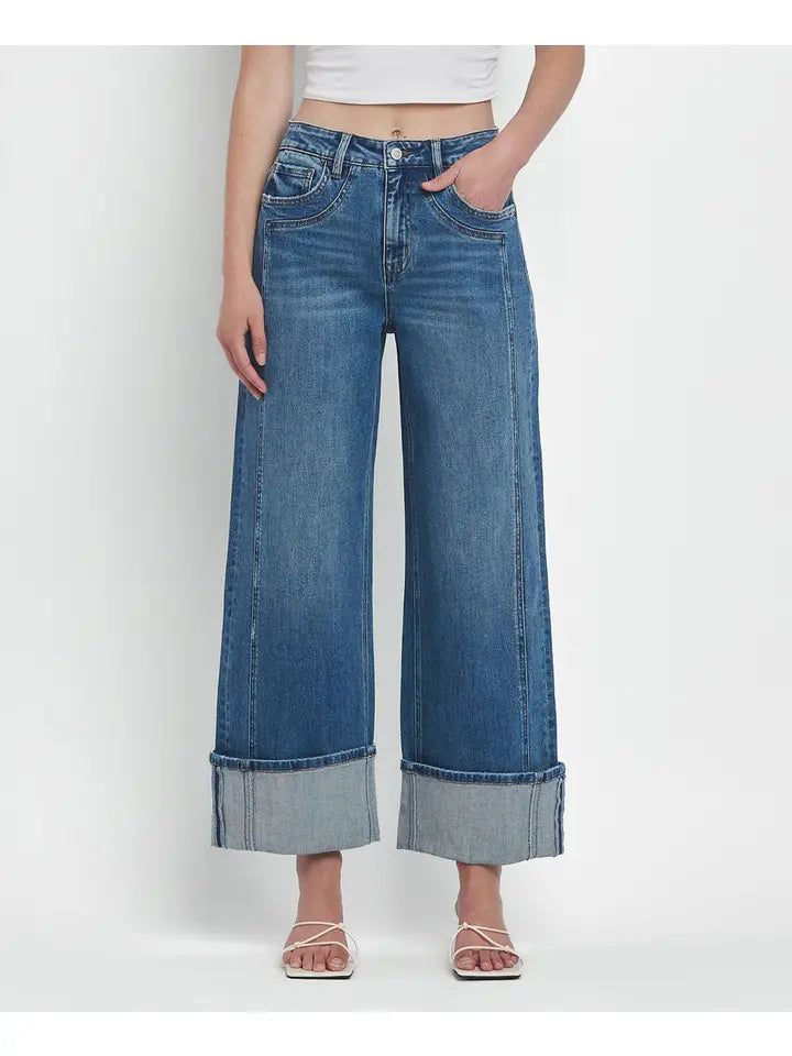 Stetson Super High Rise Baggy Wide Cuffed Ankle Jeans