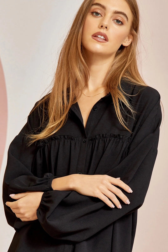 Nadia Oversized Button-Down Flowy Top with Ruffle Detail