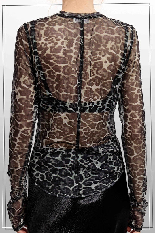 Delta Leopard Print Semi-Sheer Long Sleeve Mesh Top