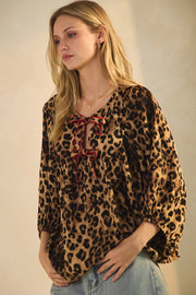 Haylee Tie Front Leopard Print Batwing Sleeve Peplum Top
