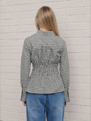 Camilla Plaid Collared Long Sleeve Shirred Waist Peplum Top