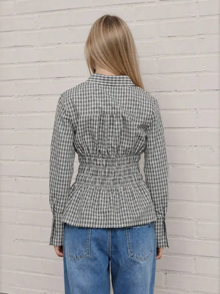 Camilla Plaid Collared Long Sleeve Shirred Waist Peplum Top