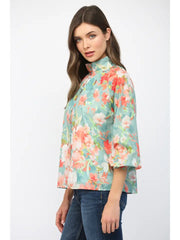 Evangelina Long Sleeve Button Front High Mock Neck Floral Print Blouse Top