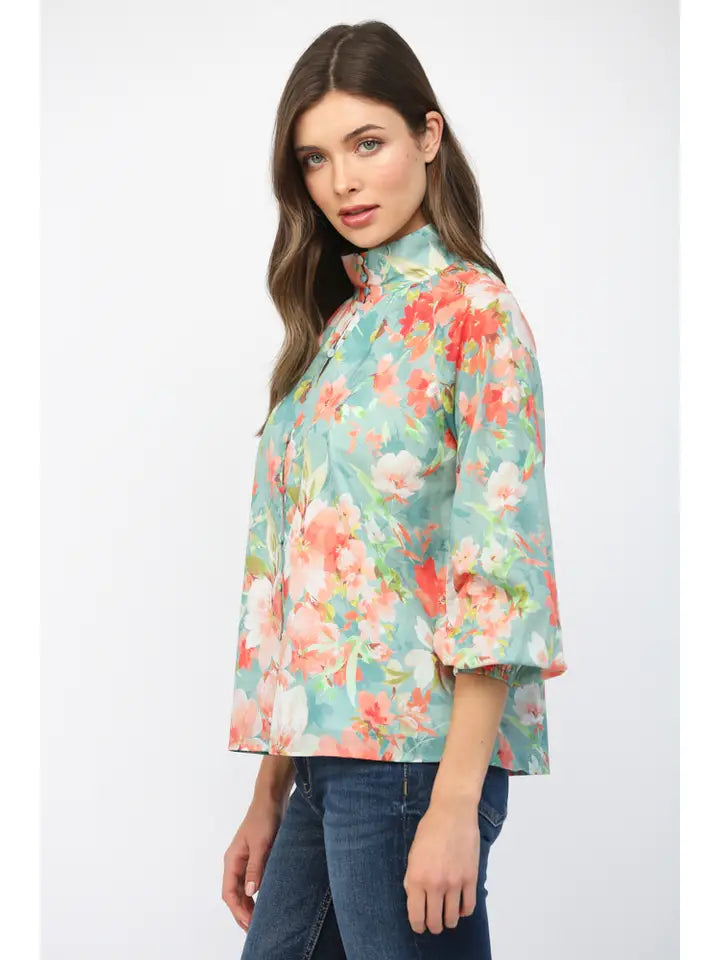 Evangelina Long Sleeve Button Front High Mock Neck Floral Print Blouse Top