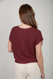 Alana Split Neck Cap Sleeve Ribbon Knit Pullover