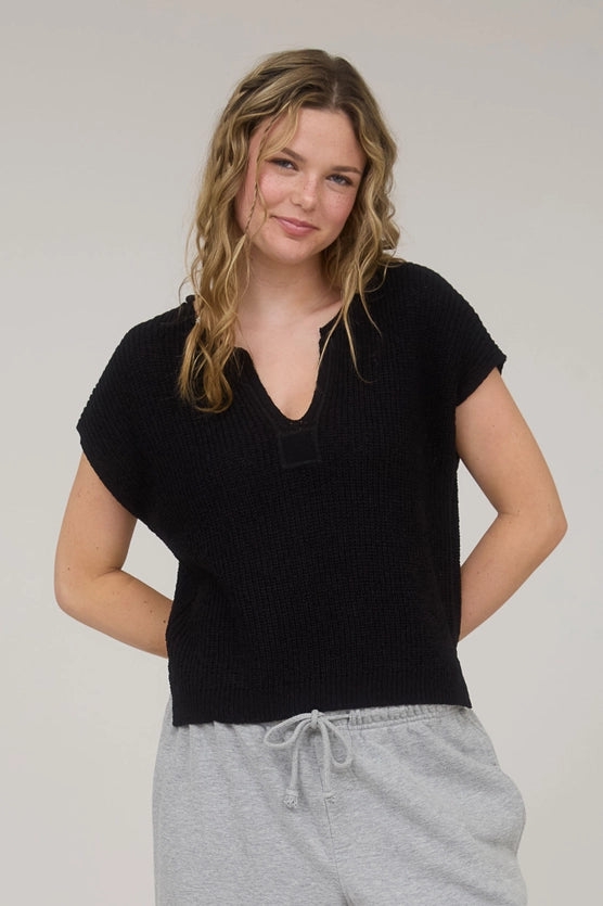 Alana Split Neck Cap Sleeve Ribbon Knit Pullover