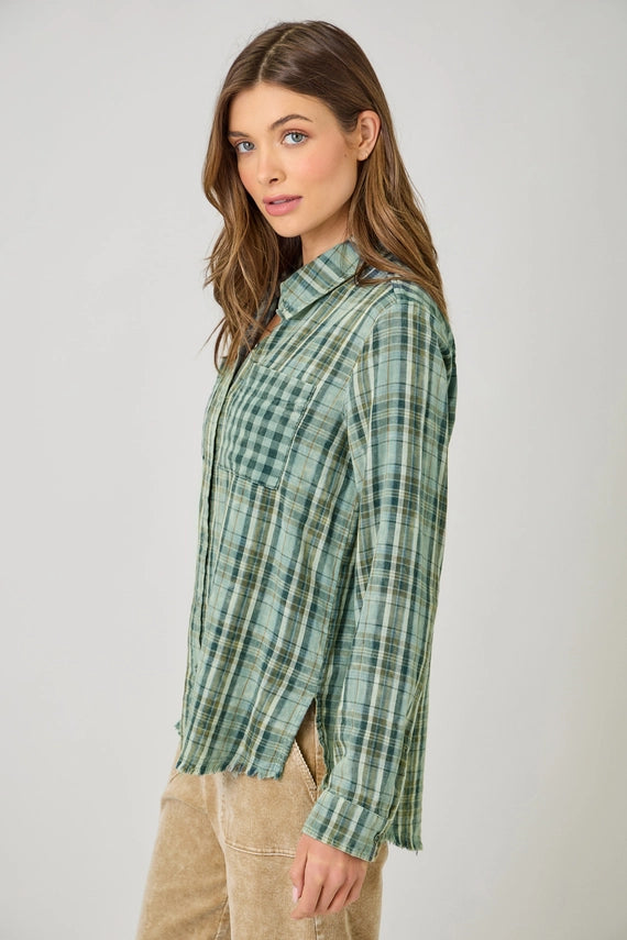 Gabriel Fringe Detail Washed Plaid Button Front Shirt