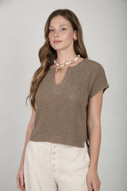 Alana Split Neck Cap Sleeve Ribbon Knit Pullover