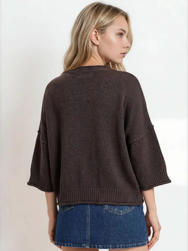 Cora Exposed Seam Drop Shoulder Half Sleeve Sweater Knit Top