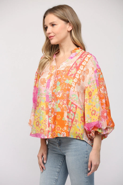 Aidyn Puff Sleeve Button Down Chiffon Blouse