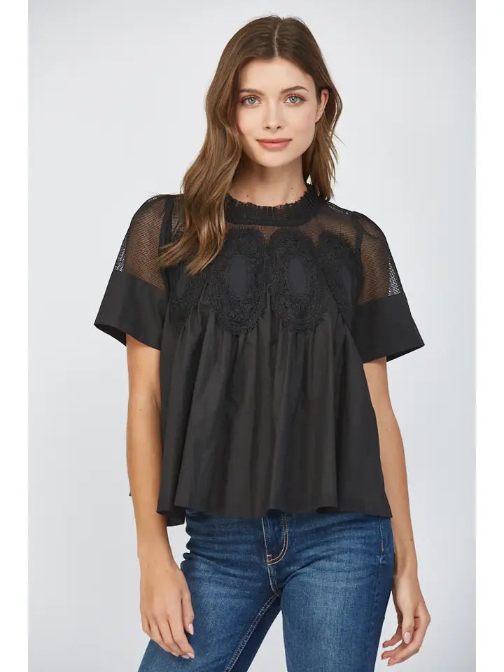Vela Mesh Lace Applique Peplum Top by FATE