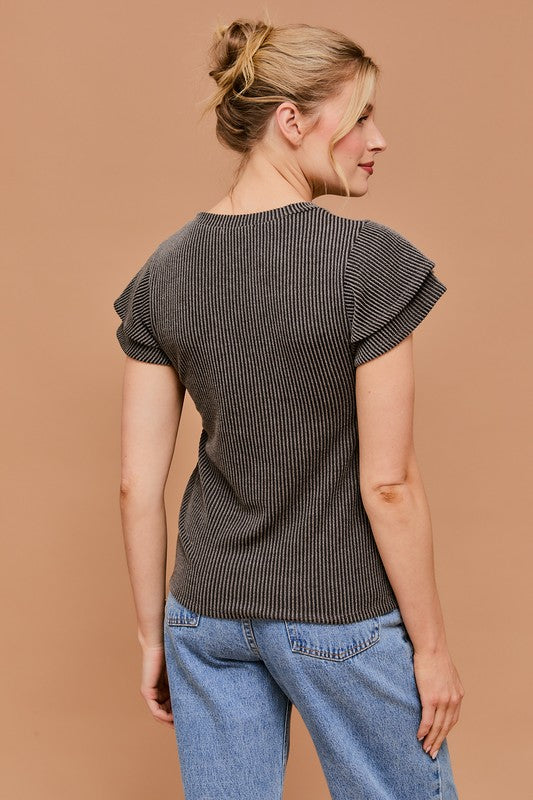 Basil Double Ruffle Sleeve Ribbed Knit V-Neck Top