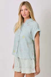 Desirae Embroidered Washed Cotton Gauze Button Front Top