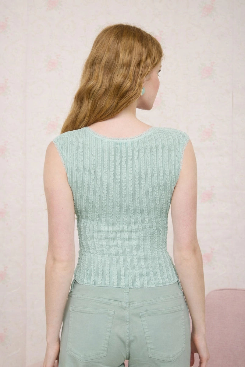 Bambi Ruffle Texture Ribbed Pattern Cap Sleeve Top