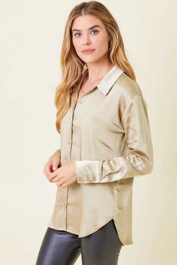 Noelle Silky Satin Button Down Blouse Shirt