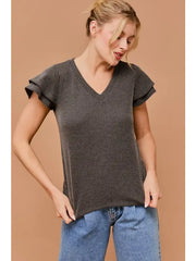 Basil Double Ruffle Sleeve Ribbed Knit V-Neck Top